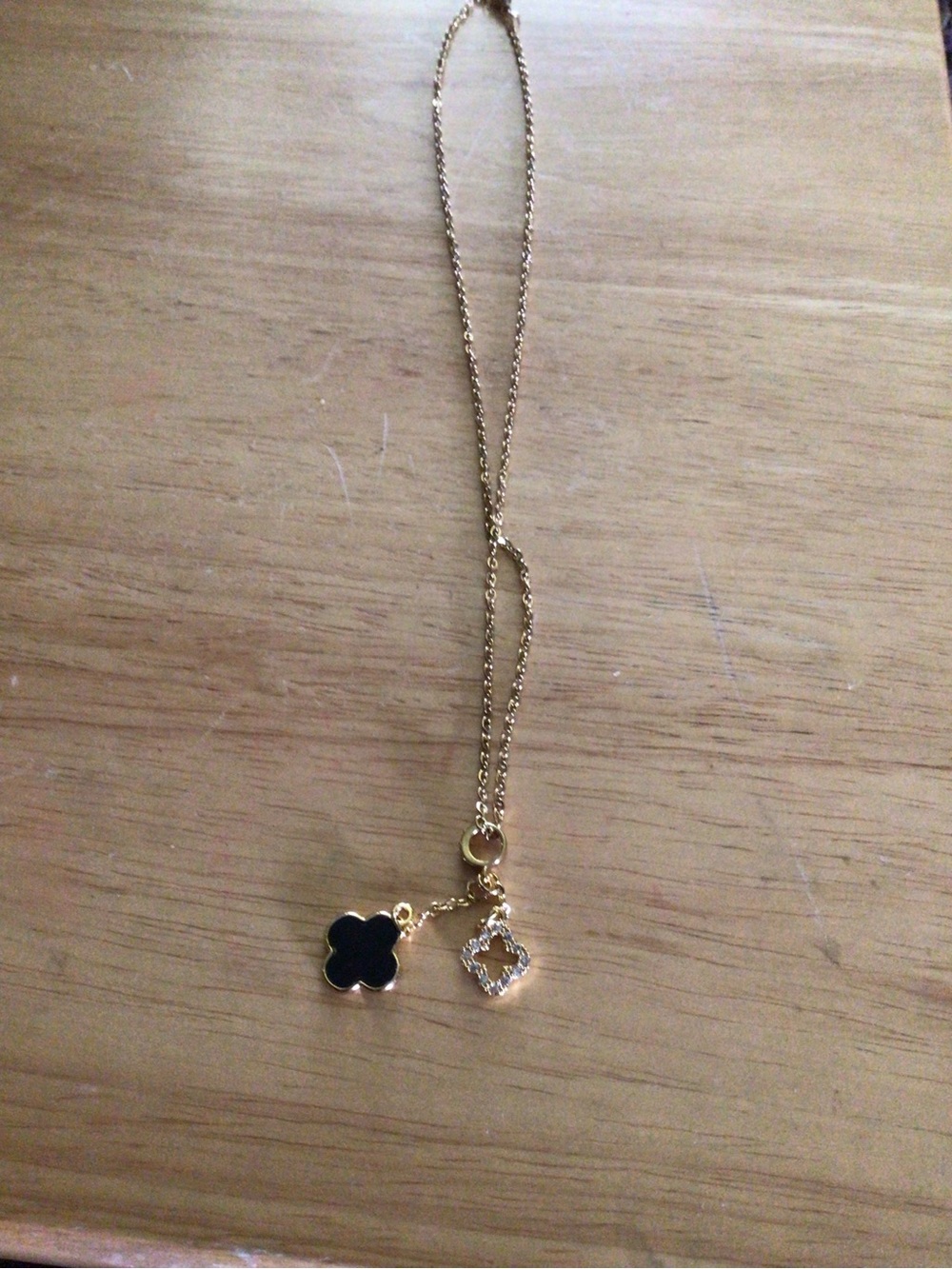 Gold-Tone Necklace with Black Clover and Crystal Charm